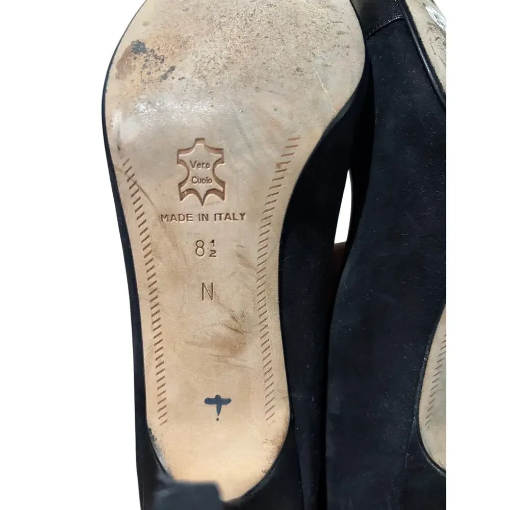 Saks Fifth Ave 8.5N black leather and suede Louis heel 2.5” pointed toe euc